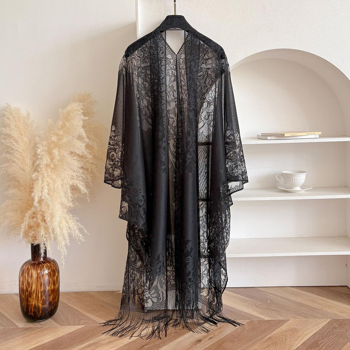 

Летнее ципао с кардиганом, весенне-летнее тонкое темпераментное кружевное ажурное бахромчатое древнее шаль чёрный