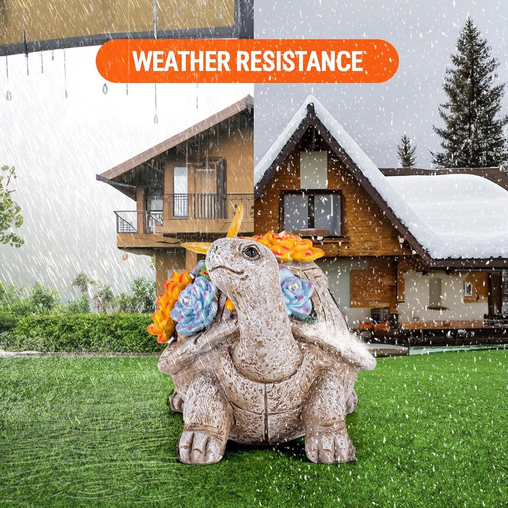 Solar Garden Outdoor Statues with Succulent and 7 LED Lights - Lawn Decor Tortoise Statue for Patio, Balcony, Yard Ornament - Unique Housewarming