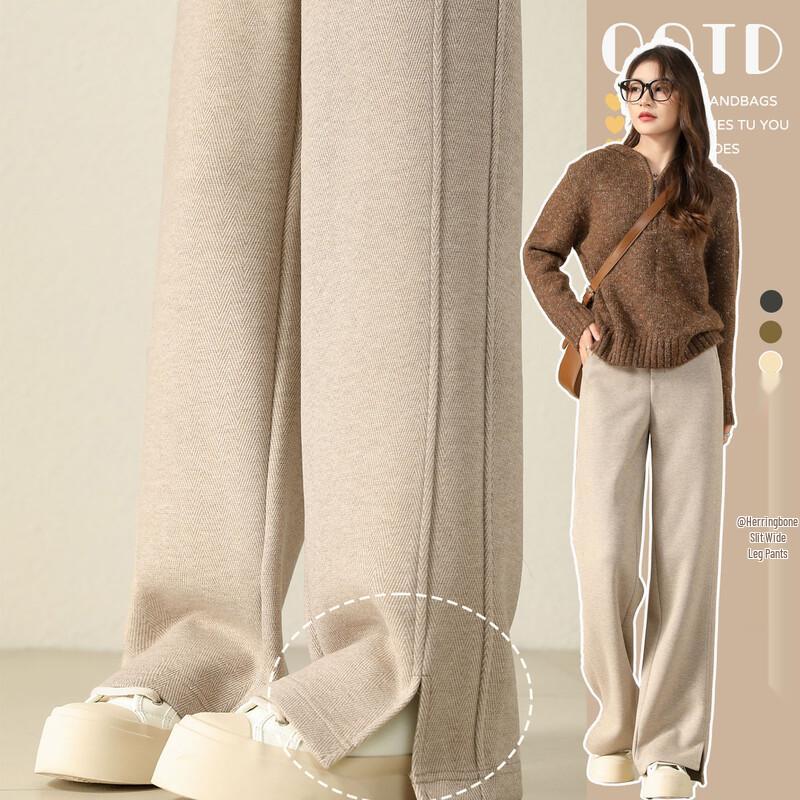 HSTYLE Women s Wool Blend Herringbone Wide-Leg Casual Pants S