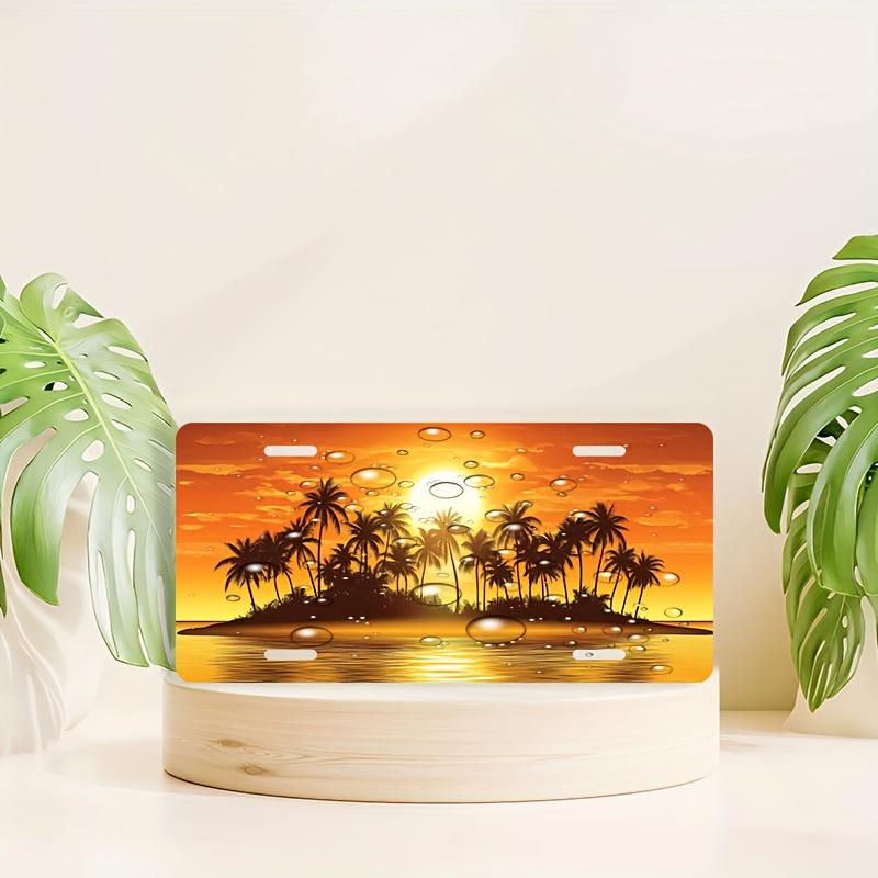 Pc D Flat Poster Island Sunset License PlateTropical Palm Tree DesignSuitable for Cars Trucks SUV