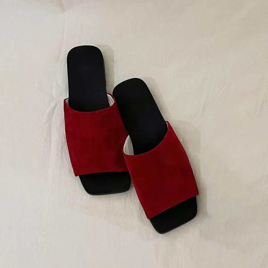 Sheepskin~ Korean version of square head with flat-bottomed slippers, women's summer wear simple leather soft-soled open-toed cool slippers