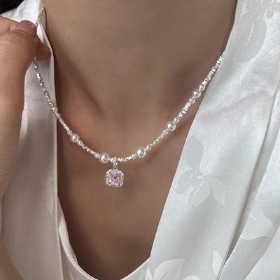 Pink Zircon Pendant, Broken Silver, Pearl Necklace, Women'S Exquisite Personality, Fashion Temperament, Versatile Neck Chain, Collarbone Chain.