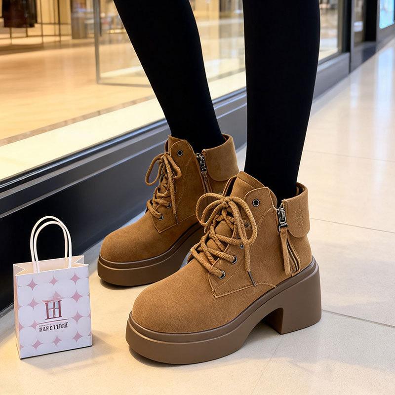 thick-soled soft leather Martin boots women's autumn and winter thick heel increases height and looks thin, fashionable and versatile temperament