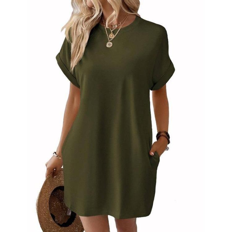 Summer Casual Women Dress Short Sleeve Round Neck Loose Pocket Solid Color Breathable Spring Fashion