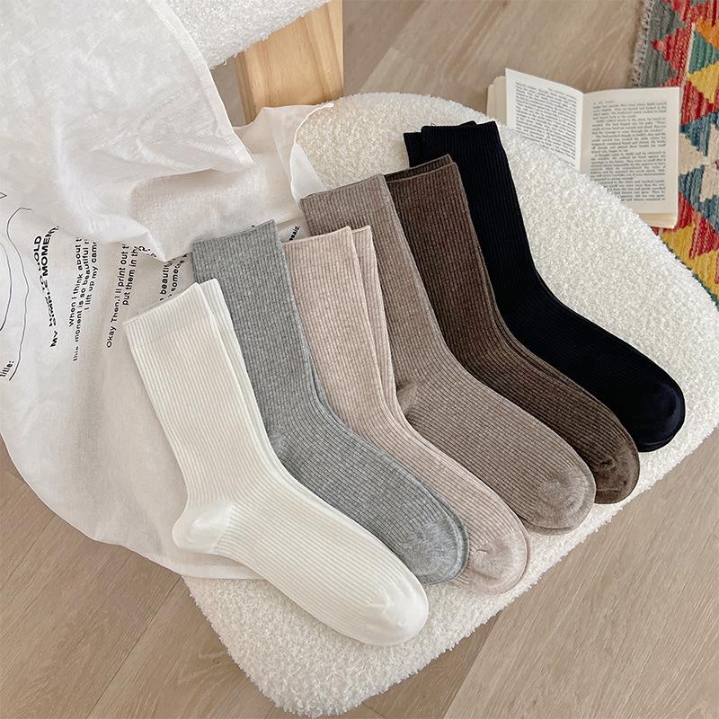 Simple Basic Solid Color Fine Vertical Striped Medium Tube Socks Season Wear With Birkenstocks Stacking Socks