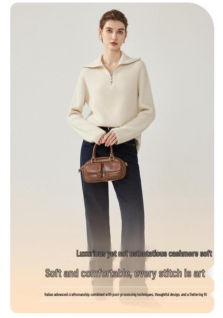 Women's 2026 Autumn/Winter Cashmere Lapel Half-Zip Knit Sweater: Elegant, Thick, Warm Base Layer