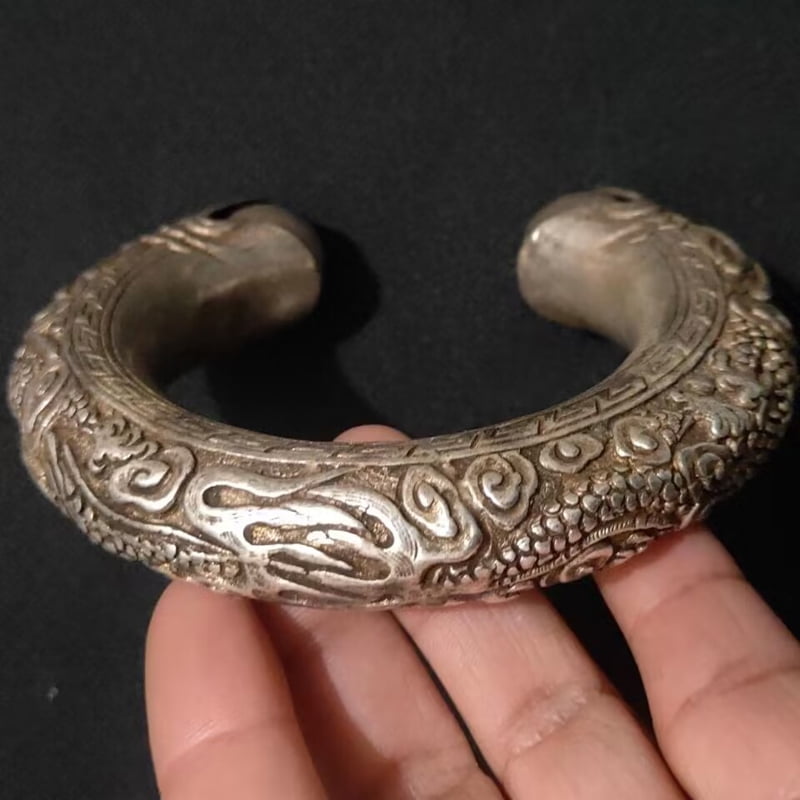 Exquisite Chinese Handmade Miao Silver Carving Dragon Spit Bead Open Bracelet Ethnic Style Zodiac Hollow Round Men's And Women's