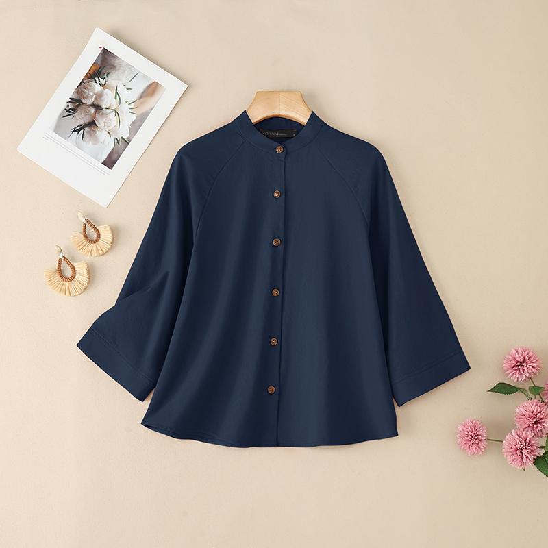 ZANZEA Women Casual Stand Collar Loose 3/4 Sleeve Cotton Blouse