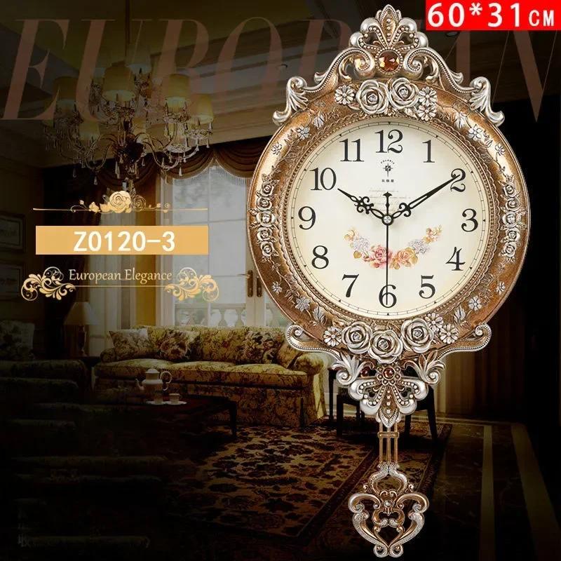 European-style Living Room Decoration Mute Large Wall Clock Wall Sticker Home Decor Bedroom Flower Carving Retro Swing CloI9K3F4