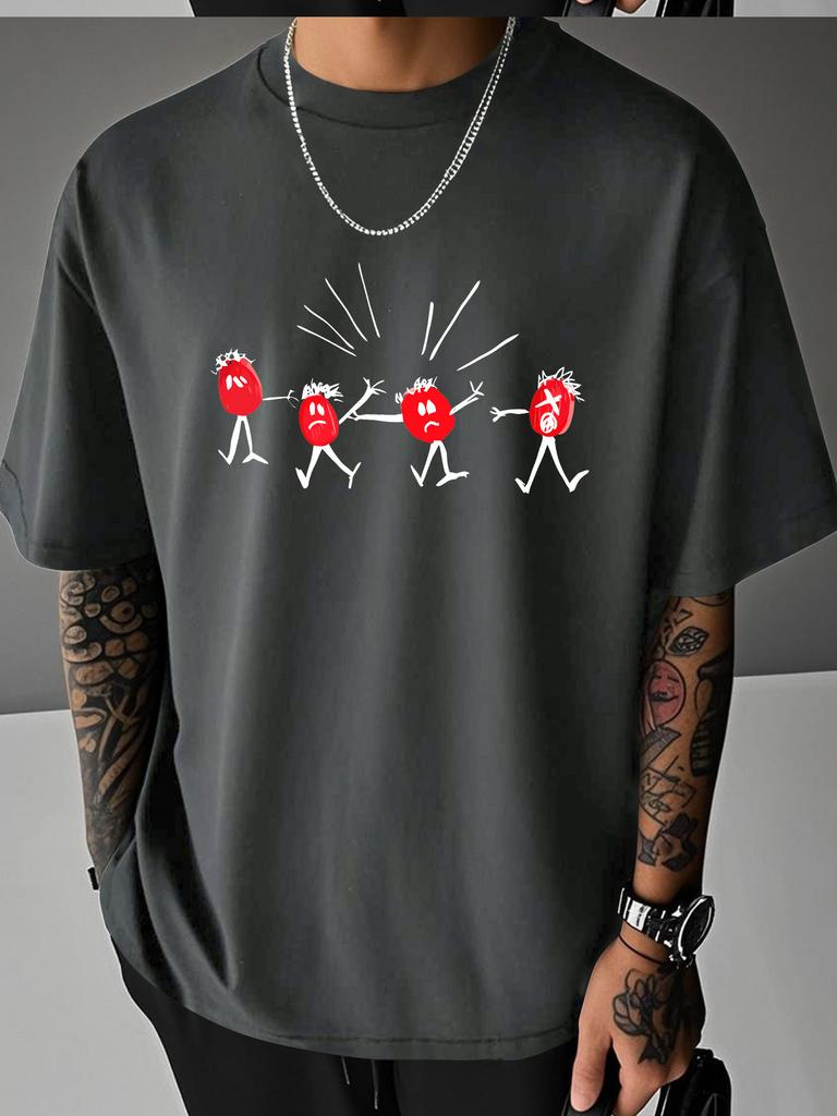 Unisex White Short Sleeve Tee Four Cartoon Red Tomato Stick Figures Explosion Graphic Crew Neck Loose Casual Male Daily Tops