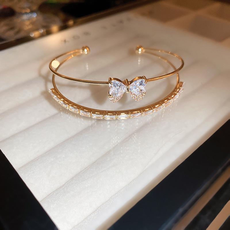 Gold Plated Zircon Titanium Steel Korean Minimalist Bangle | Versatile High-End Bracelet for Women
