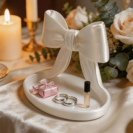 3D Printed Bow Jewelry Organizer Tray, Decorative Ribbon Bow Ring Holder for Rings Earrings Necklace, Vanity Storage Dish for Dresser, Desk, Vanity