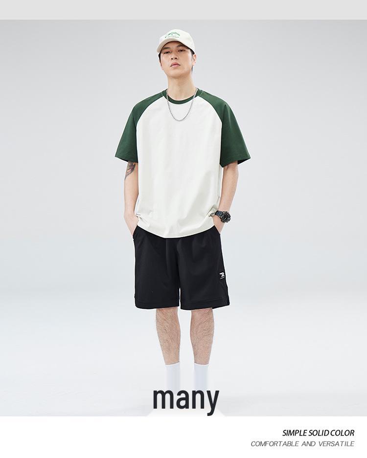250G Men's Summer Trendy Color Block Raglan Tee - Heavyweight Pure Cotton, Loose Fit, Short Sleeve