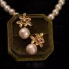 Golden flower French elegance temperament niche design sense natural freshwater Edison wrinkled pearl stud earrings