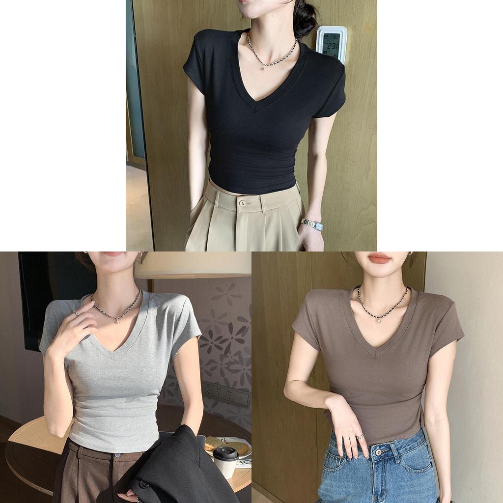 Summer Slim Fit V Neck T Shirt For Women With Polyester Fabric And Short Sleeves