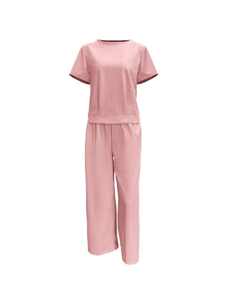 European Summer Pink Linen Women's Two-Piece Set: Short Sleeve Top & Wide-Leg Pants
