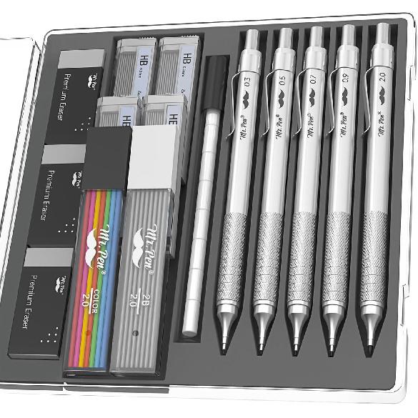 Mr. Pen- Metal Mechanical Pencil Set, 5 Sizes, 0.3, 0.5, 0.7, 0.9, 2mm, Mechanical Pencils, Sketching Pencils, Drafting Pencil, Mechanical Pencil