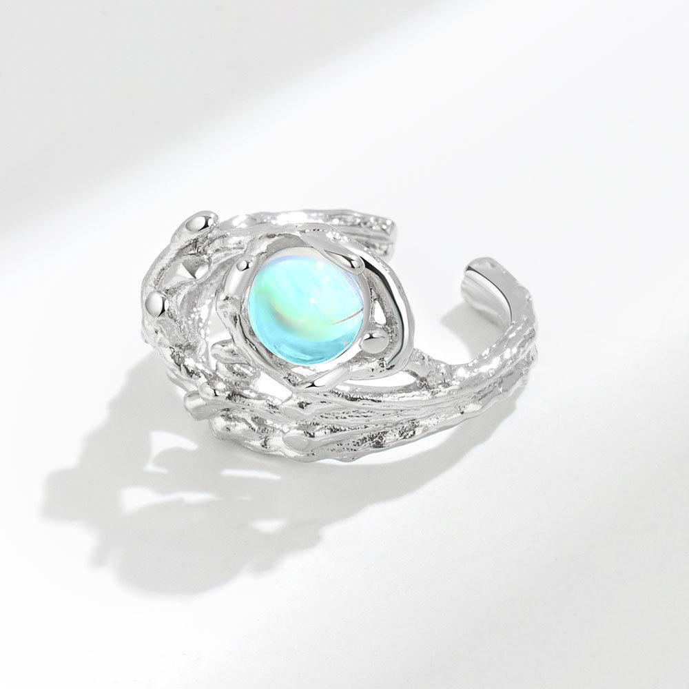 Minimalist Branch Texture Moonstone Ring For Women Unique Nature Inspired Band Elegant Cool Tone Jewelry Gift