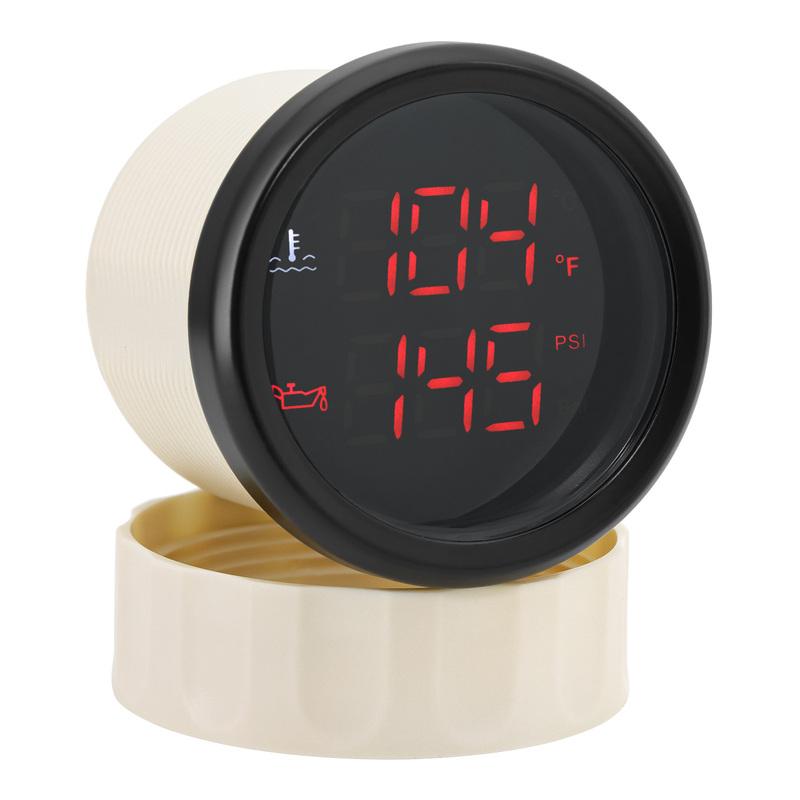 Red LED Digital 52mm Water Temperature+Oil Press Meter 10BAR 145PSI 2 IN 1 Dual Gauge with Flashing Alarm for Car Marine 12V 24V