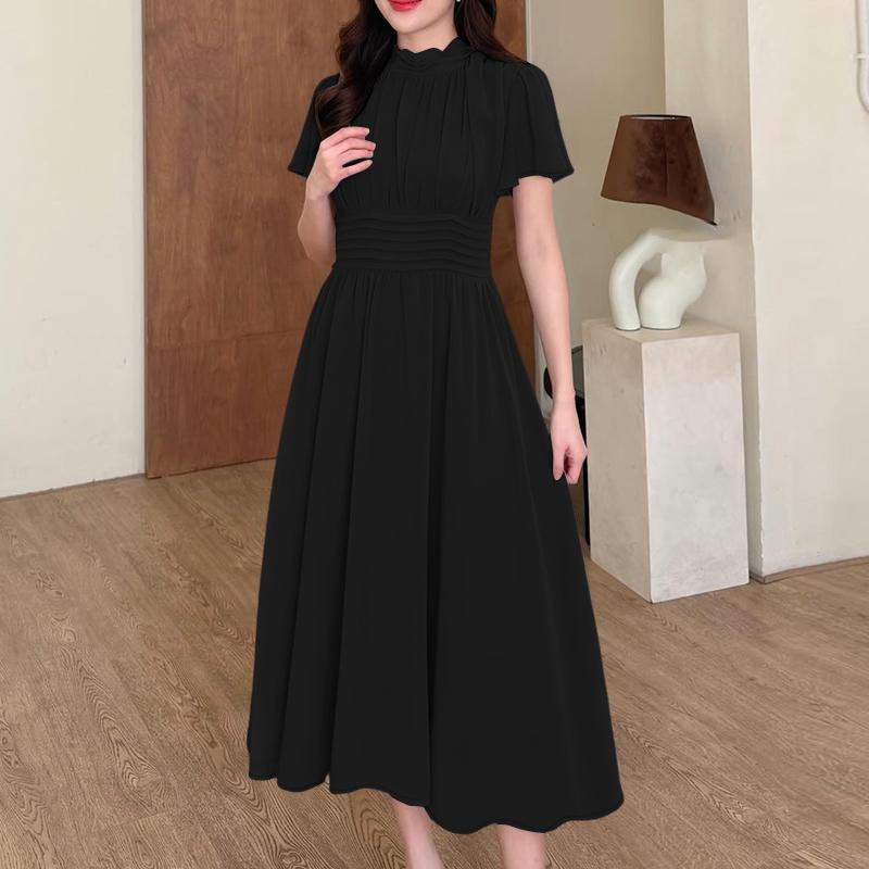 ZANZEA Women Casual Stand Collar Solid Color Summer Short Sleeve Dress