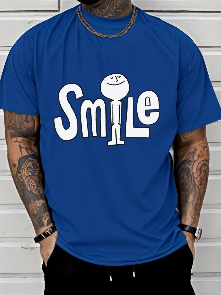 Unisexs Navy Crew Neck Tee Smile Word With Stick Figure Unisex Letter Print Loose Summer Street Casual Daily Basic Short Sleeve Top