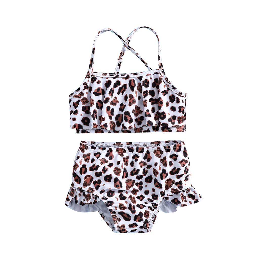 Sporty Puff Sleeve Leopard Print Girls' Two-Piece Swimsuit