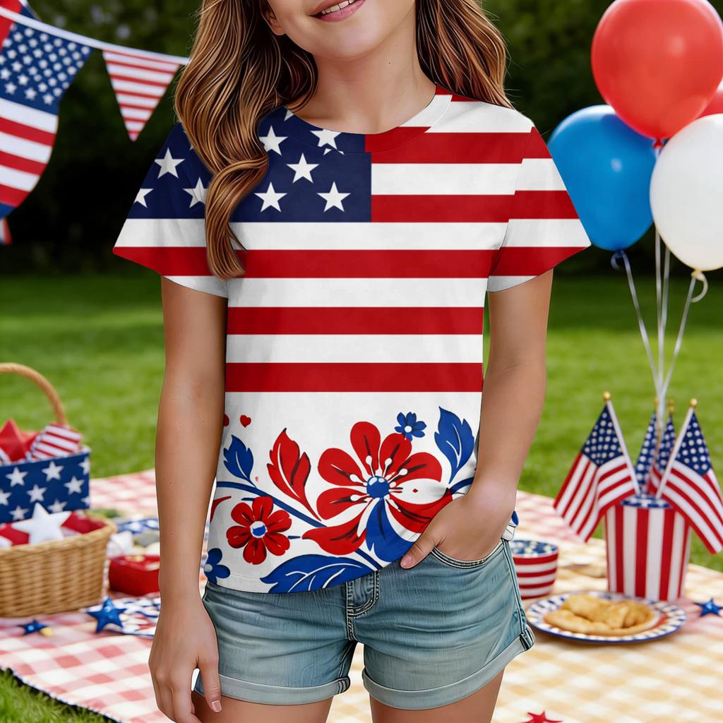 Kids Independence Day Print Round Neck Short Sleeve Casual T-shirt