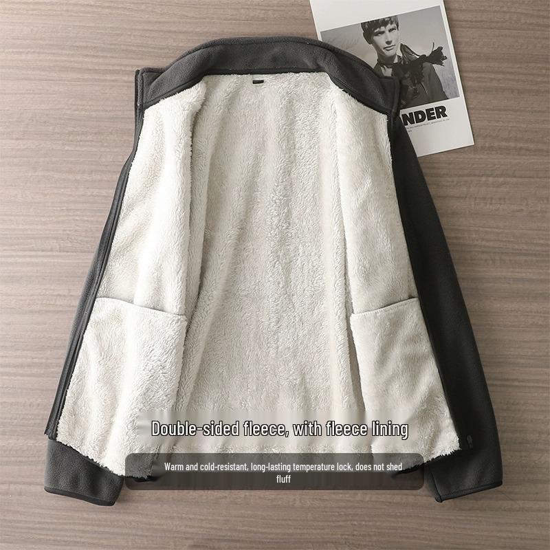 Geacă Americană Fleece pentru Bărbați: Guler înalt de iarnă, căptușeală de pluș de catifea, bumbac călduros, cardigan din lână falsă de miel.