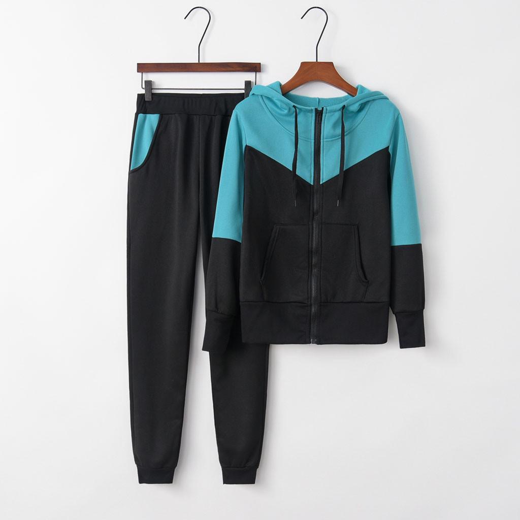 Women Solid Color Hooded Sweatshirt and Pant Tracksuit Sport Suit