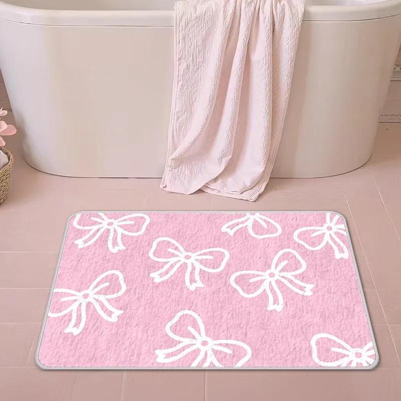 VIKAMA Cute Bowknot Pink Bath Mat Non-Slip Soft Bathroom Rug Kawaii Coquette Style Mat for Bedroom Shower & Entryway Decor