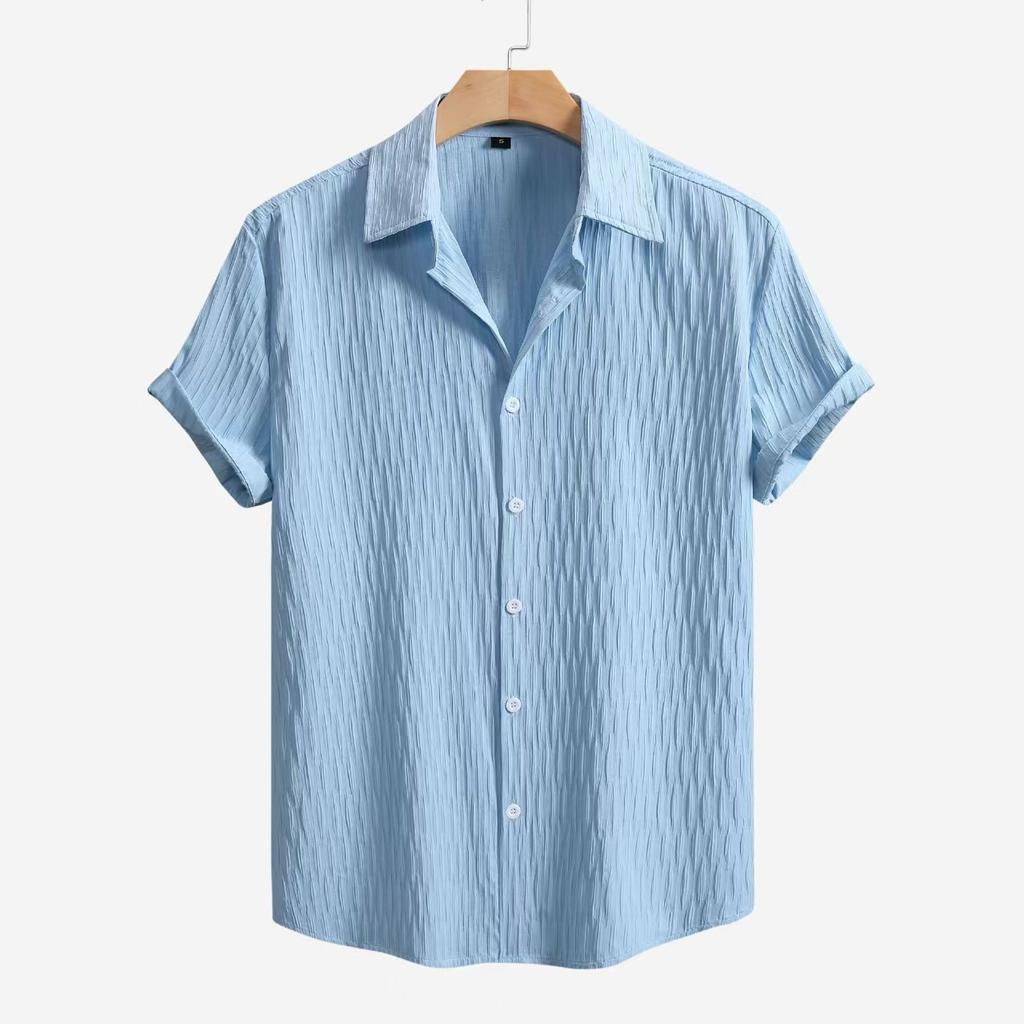 Spring Summer New Men's Solid Color Short-sleeved Shirt Cardigan Lapel Beach Fashion Shirt Men