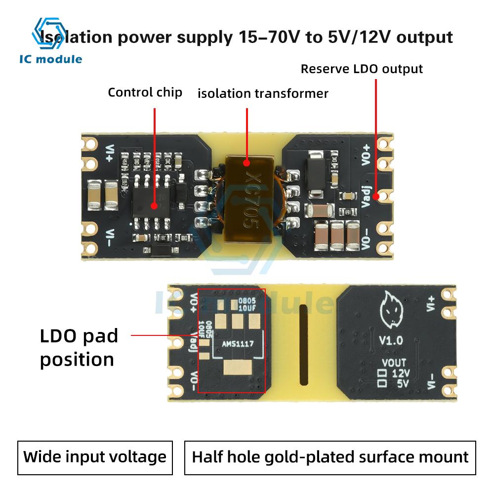Wide Input Isolated DC-DC Converter XC7010 (15-70V To 5V/12V) - Power Supply Module with LDO Option