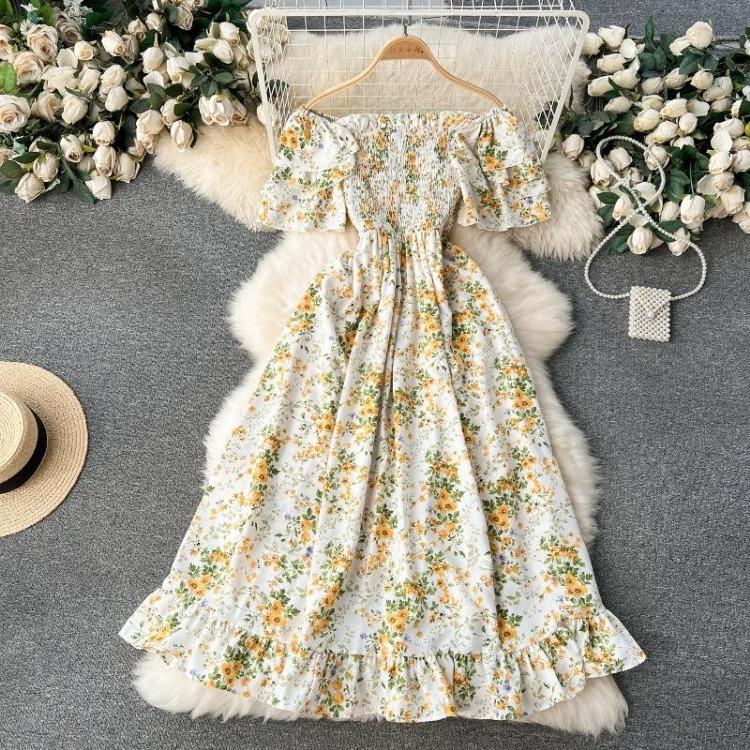 Summer Floral Off Shoulder Dress Women High Waist Short Sleeve Ankle Length Spring Casual Fashion