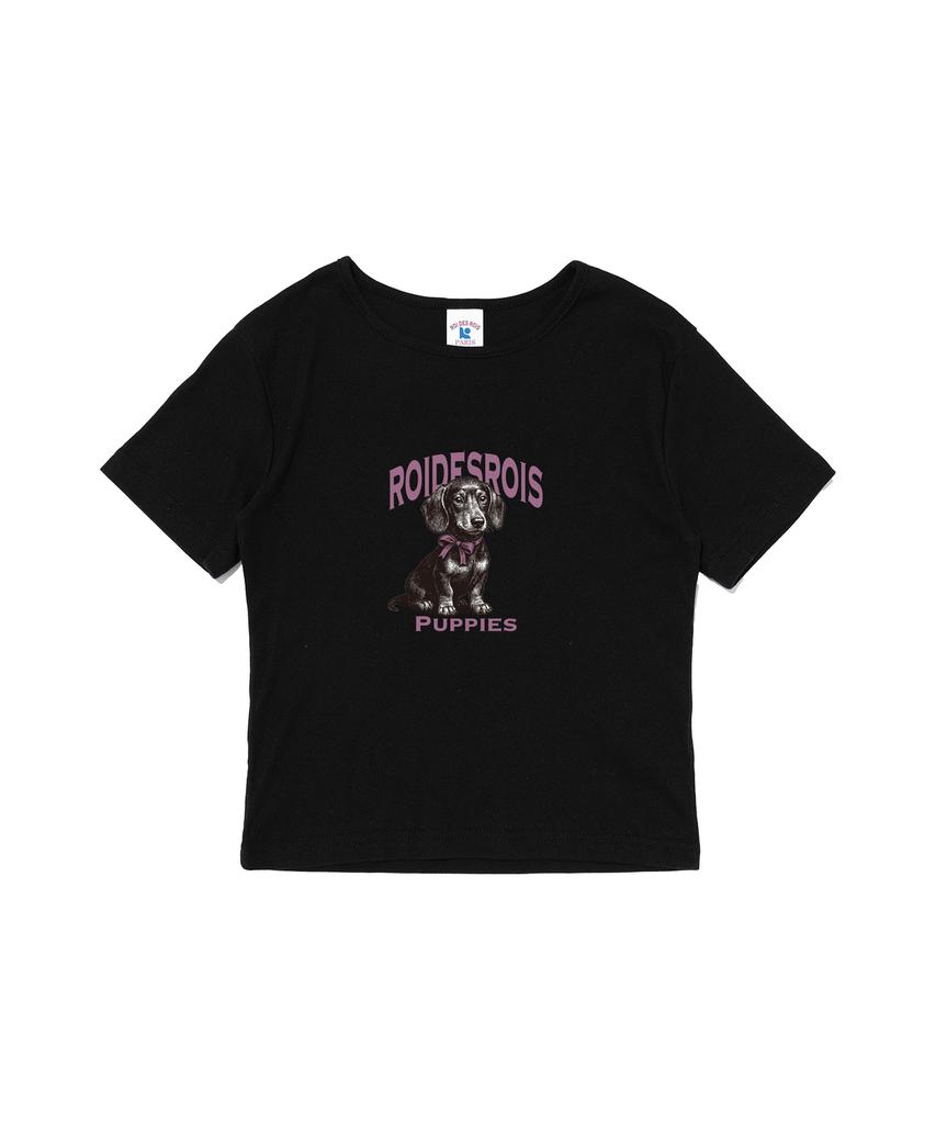 ROIDESROIS Puppies Character Crop Short Sleeve T-Shirt (Black)
