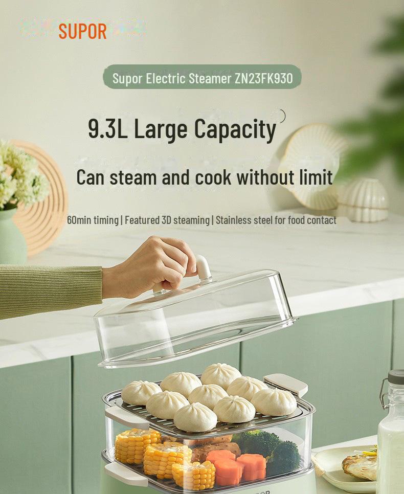 Supor ZN23FK930 Stainless Steel Three-Layer Electric Steamer with Visible Grid and Large Capacity.