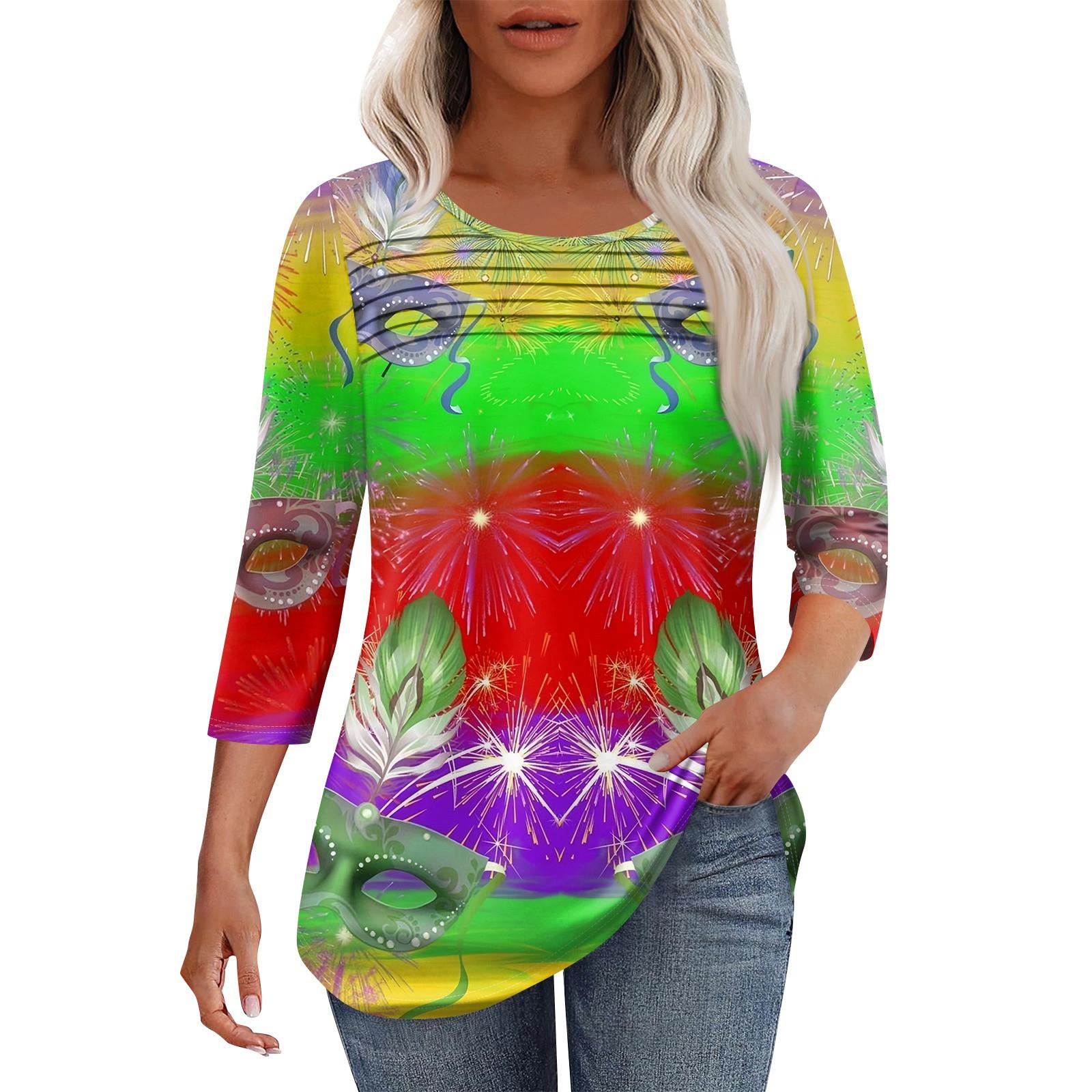 

Жіночий модний топ з круглим вирізом, плісованими передніми планками та принтом, рукавами 3/4 XL червоний