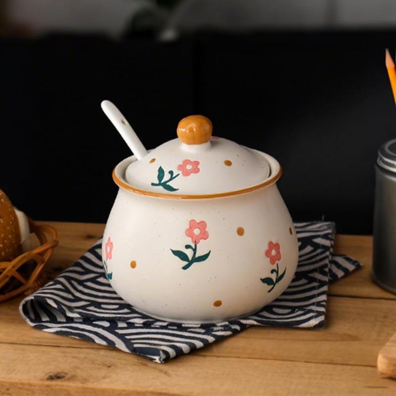 Sugar Bowl with Lid and Spoon, Floral Ceramic Condiment Jars Pots Spice Container Seasoning Canisters Box for Kitchen Coffee Bar, Yellow Flower