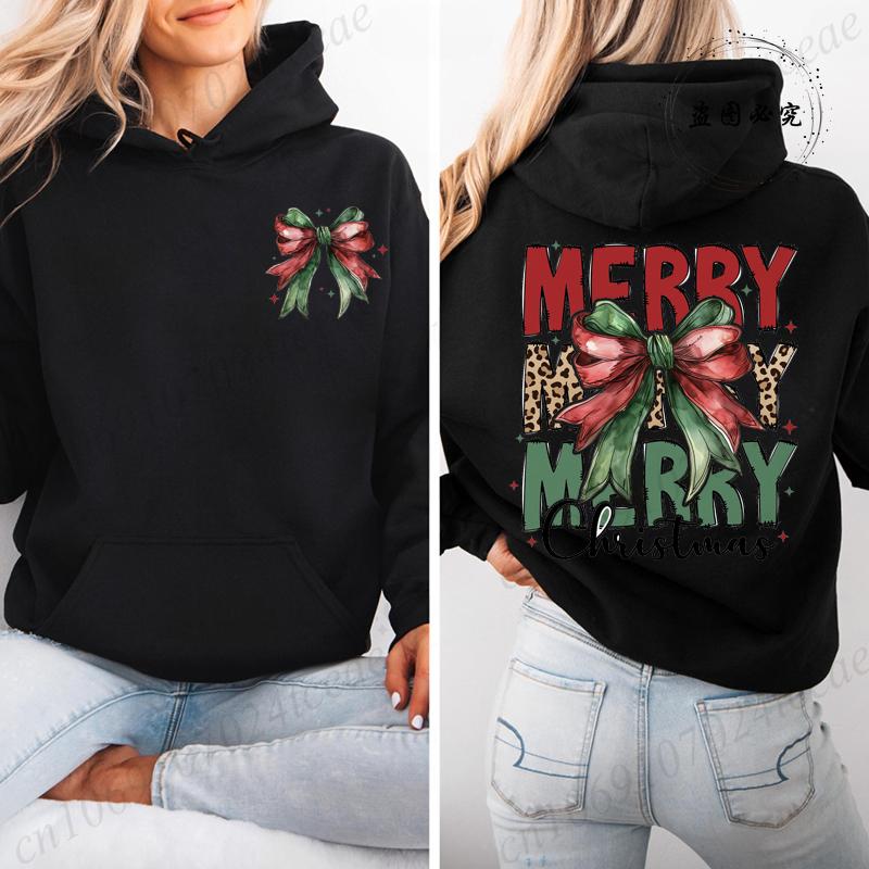 Coquette Christmas Casual Women's Hoodies Leopard Merry Christmas Print Sweatshirts Fleece Warm Pullovers Autumn Streetwear
