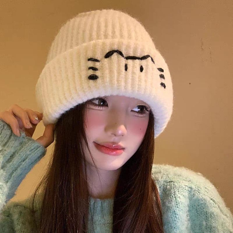 Embroidery Cute Kitten Wool Hat Female Autumn and Winter New Face Small Cold Hat Warm Ear Protection Cold Student Knitted Hat