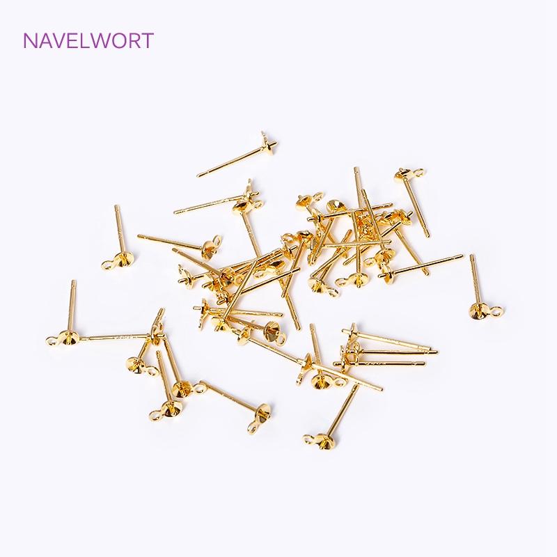 3/4MM With Closed Ring 18K Gold Plated Pearl Post Earring Mounting DIY Jewelry Making Supplies Earrings Accessories Wholesale