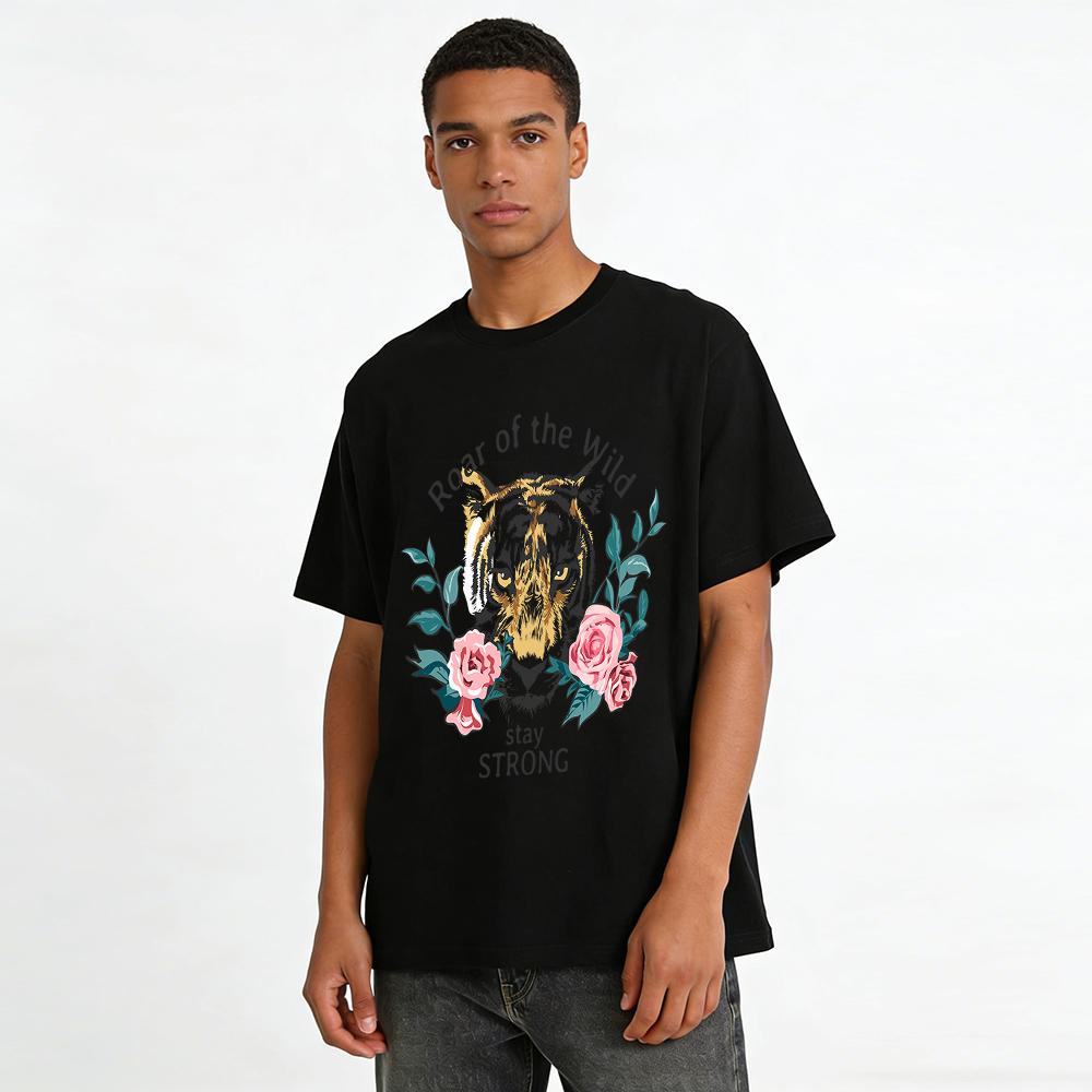 Roar of the Wild Tiger Print Tee Stay Strong Slogan Casual Top Pure cotton T-shirt