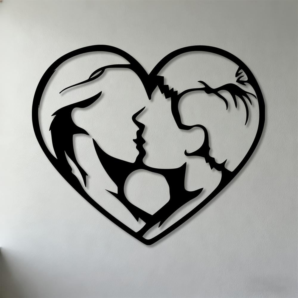 

2D Flat Wall Art Couple Kissing in Heart Shape, Iron Metal Decor for Living Room Bedroom Office, 1pc 30cm-11.81inch чорний