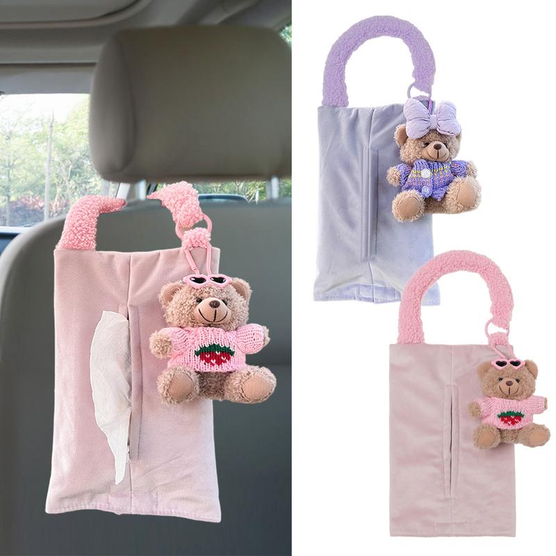 Car Tissue Box Holder Cartoon Bear Doll Tissue Box Plush Cute Car Accessory Multifunctional Practical Tissue Holder Napkin Box