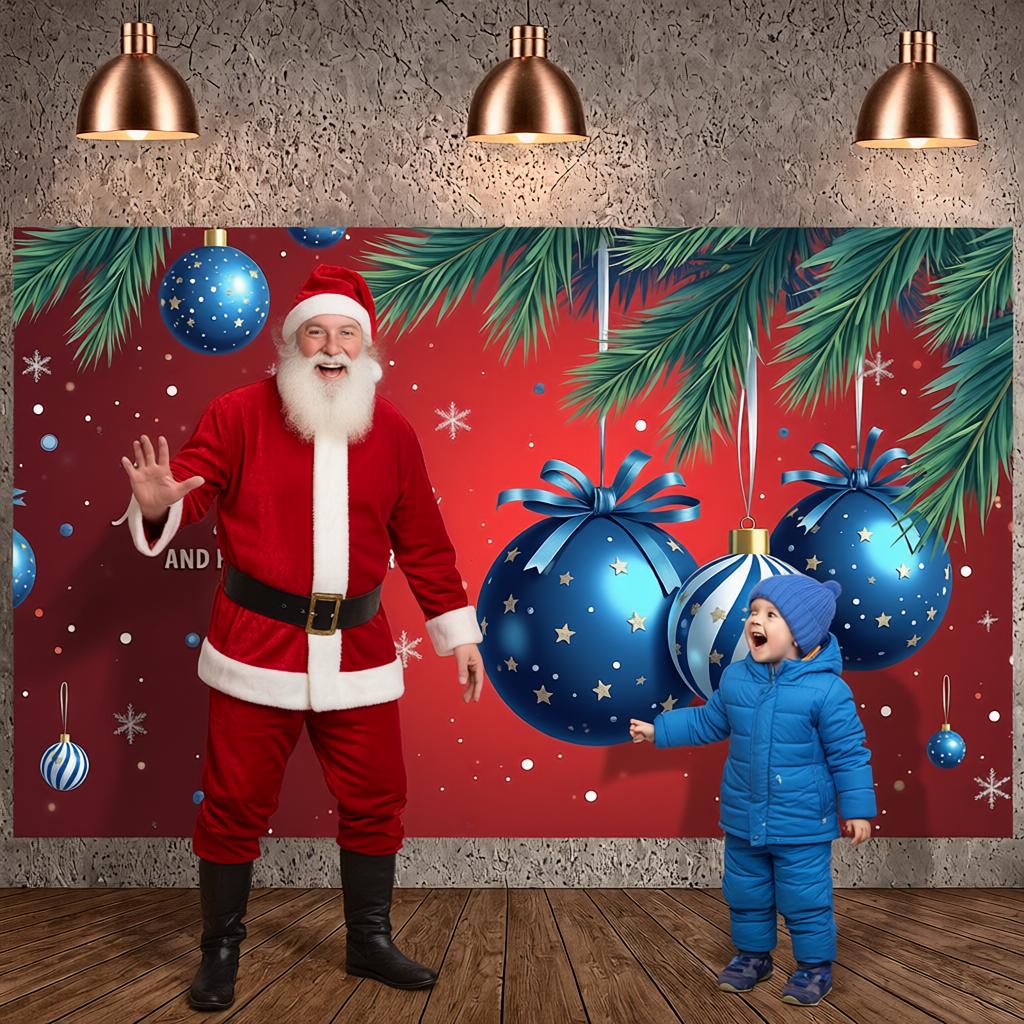 Festive Backdrop Red Background New Year Decoration Xmas Banner Blue Ornaments Holiday Background For New Year Celebration