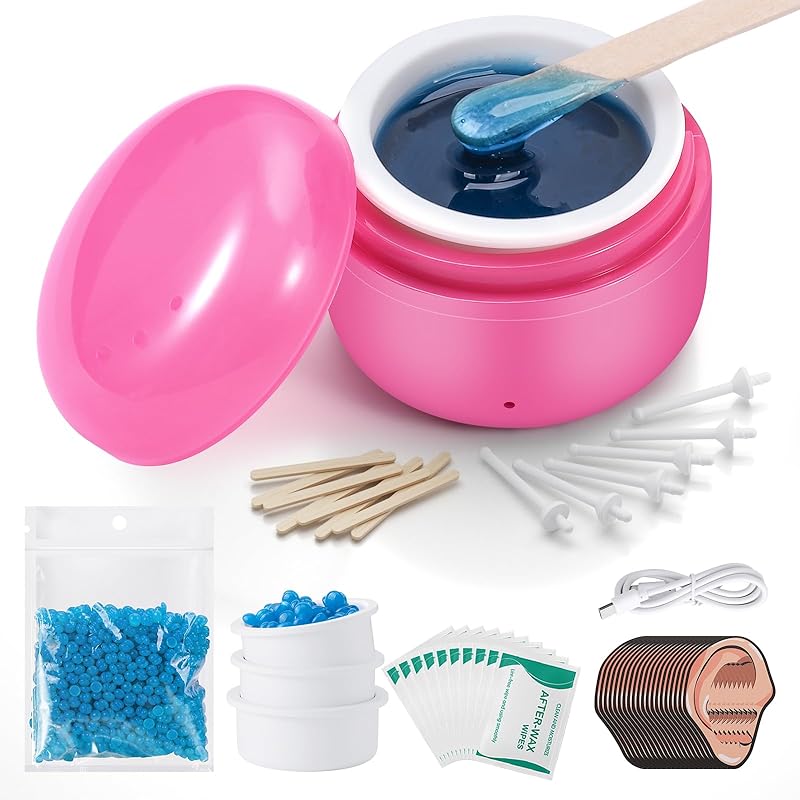 Nose Wax Kit - Portable Wax Warmer for Hair Removal with 100g Wax, 24 Applicators, 12 Nose Hair Sticks 3 Silicone Pots, Wax Melt Warmer Waxing Kit розовый