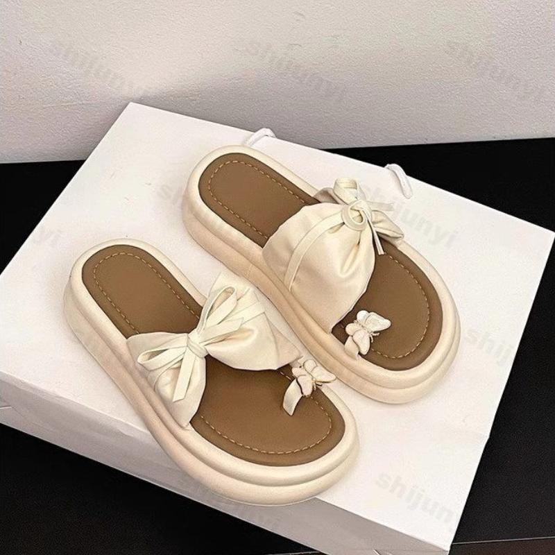 Fashion Women's Soft Sole Beach Shoes Summer Height Increase Fashion Bow Knot Sandals Lightweight Comfortable Clip Toe Non Slip Slippers