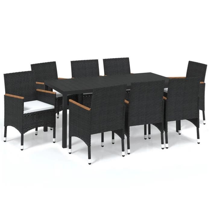 Ensemble de jardin - MAISON EXCLUSIVE - Ensemble 9pcs - Résine tressée noire - Accoudoirs acacia - Table WPC, coussins
