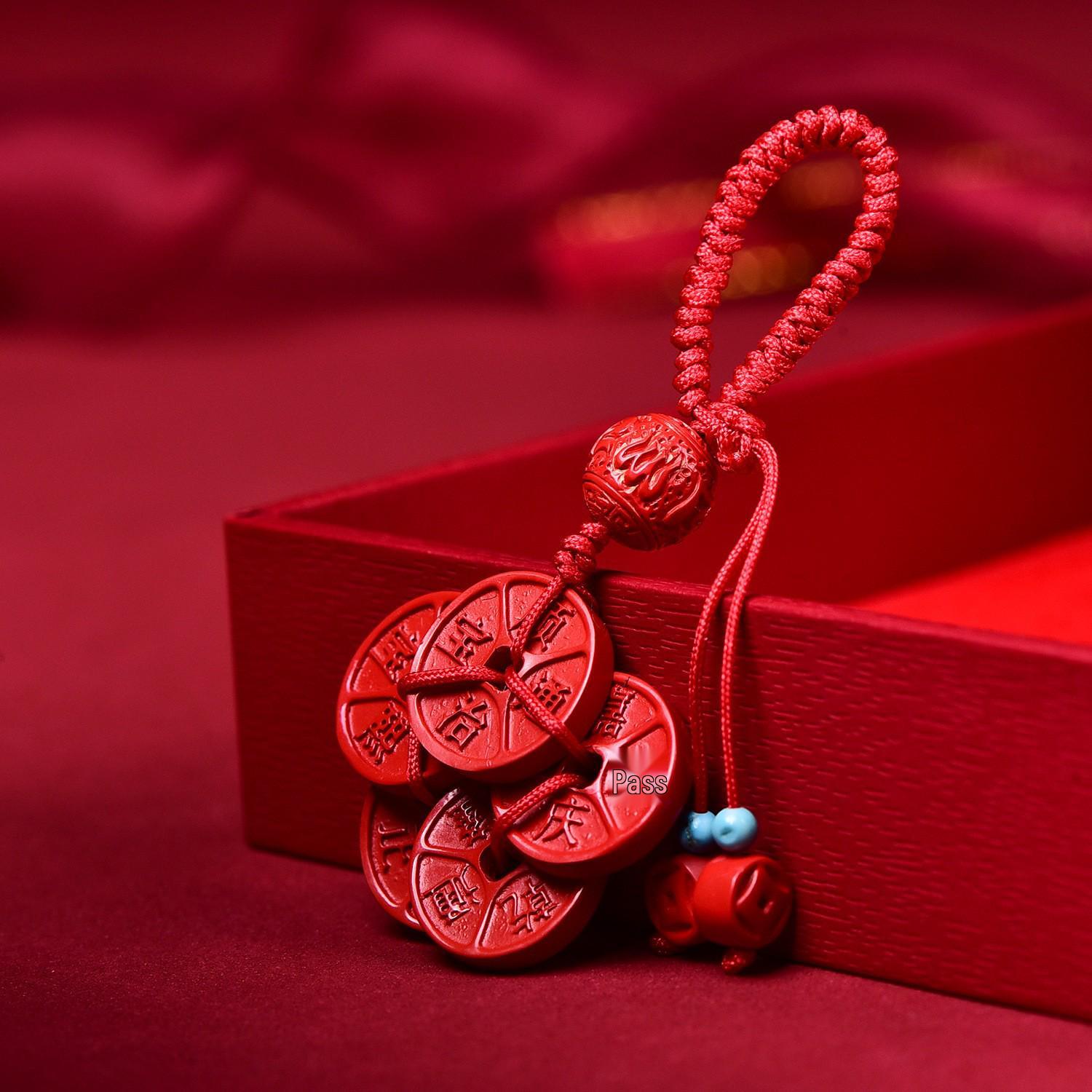 Cinnabar Red Five Emperors Coin Phone Pendant - Original Handmade Design Gift Genuine High-Content Cinnabar (Approx. 75%-80%)