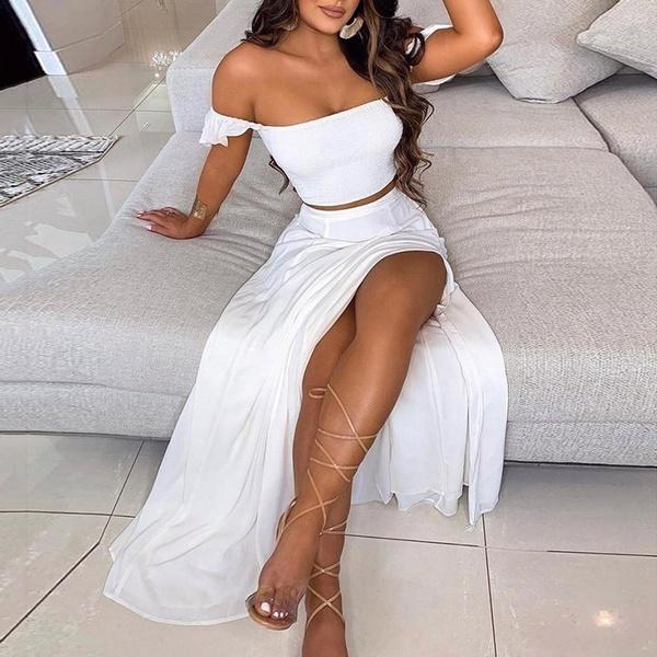 Summer Women Two Pieces Sets Fashion Elegant Off Shoulder Cropped Top & Split Mini Skirt Suit