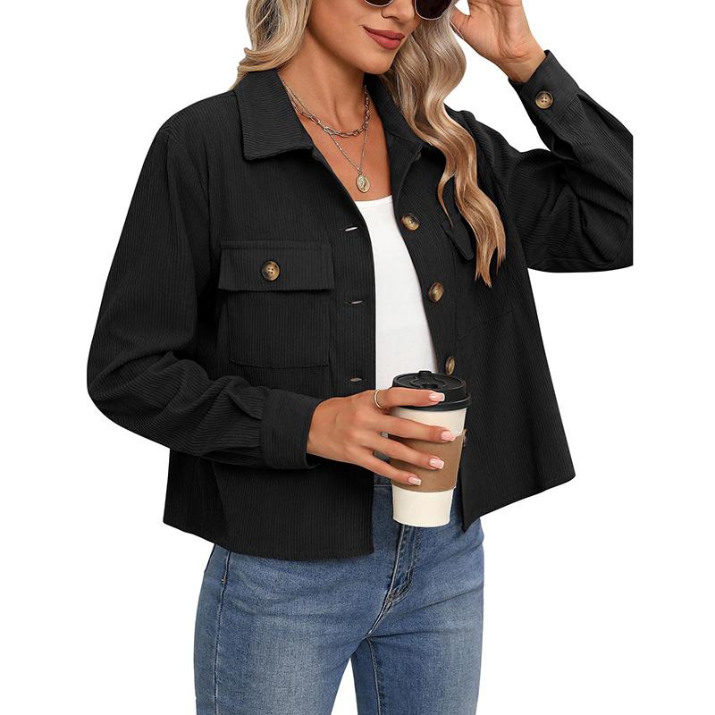 Autumn Women Fashion Casual Coat Button Down Tops Solid Turn-down Collar Long Sleeve Office Lady Crop Jackets